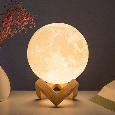 Lampada luna 3D con supporto in legno